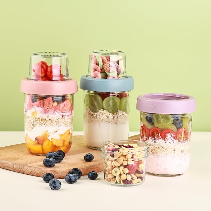 Wells 6 Pack Overnight Oats Containers with Lids, 16 OZ Dual Layer Yogurt Containers with Dry and Wet Separation, Airtight Leak Proof Oatmeal Jar for Chia Pudding, Breakfast, Cereal
