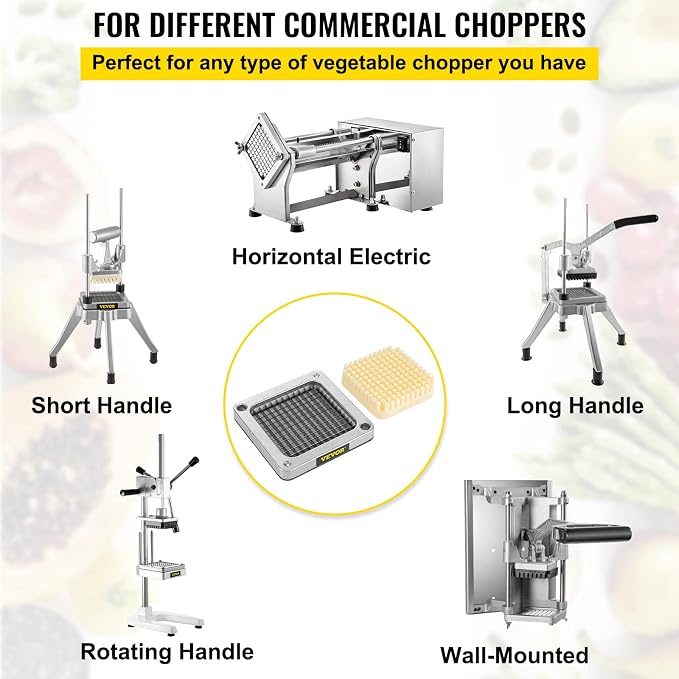 VEVOR Replacement Chopper Blade, 1/4 inch, 3 PCS French Fry Blade Assembly with 6 Extra Knives, Stainless Steel Dicer Parts and Push Block for Cutting Potatoes Carrots Onions Cucumbers Mushrooms