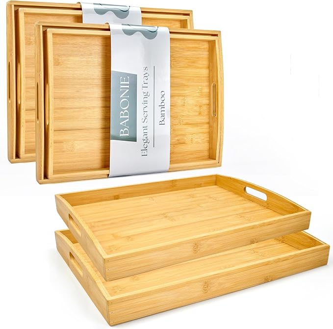 Bamboo Serving Tray Set of 4, Bamboo Trays with Handles | Decorative bamboo serving trays for serving, storage,kitchens, living rooms,bathrooms, outdoor scenarios and more
