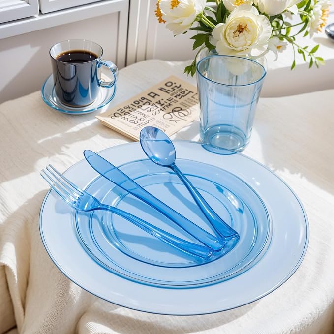 180 Pieces Blue Plastic Silverware Disposable - Clear Blue Cutlery Sets 60 Forks, 60 Knives and 60 Spoons - Heavy Duty Utensils for Party, Wedding, Graduation