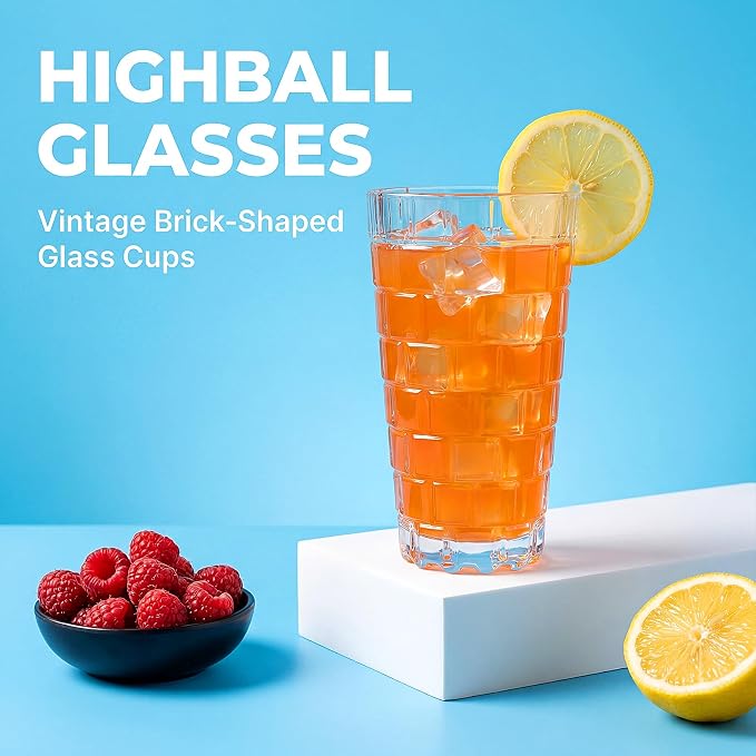 Mapoxy 15 oz Highball Glasses 6 Pack, Vintage Brick-Shaped Glasses | Drinking Cups for Whiskey Cocktail Beer Juice & Mixed Drinks, Stackable Tumblers for Kitchen Bar Party, Durable Glassware Set