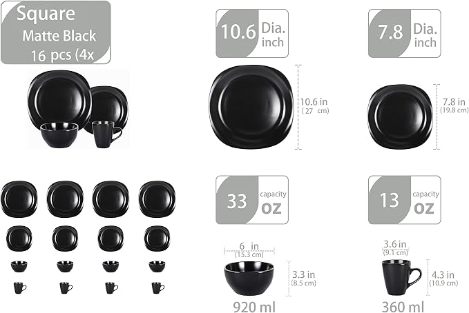 HomeVss, Stoneware Square 16pc Dinnerware Set, Matte Black