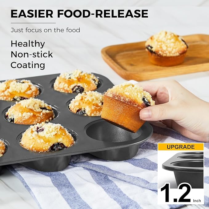 Non-Stick Muffin Pans, Cupcake Pan with Silicone Baking Cups, 2 Pack Non toxic Healthy Muffin tin, Heavy duty-Dark Grey