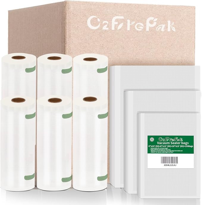 O2frepak 150ct 6pk Mixed Food Vacuum Sealer Bags Rolls BPA Free Sous Vide | 50x6''x10'',50x8''x12'',50x10''x13'' and 11''x20'(3),8''x20'(3) PreCut Food Grade,Great for Sous Vide Vacuum Sealer