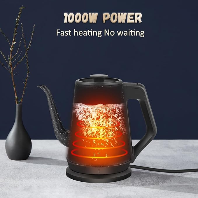 Gooseneck Electric Kettle 1L, 1000W Stainless Steel, Black | Precise Pour Over Coffee & Tea, Auto Shut-Off, BPA-Free, Black Star Design, for Dorm & Office