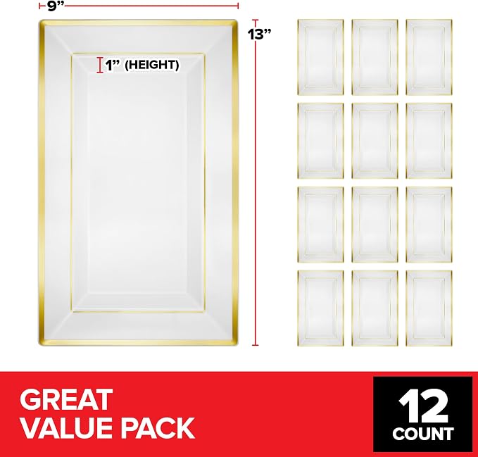 (120 Pcs) Premium White and Gold Plastic Serving Tray, Plastic Serving Platter Disposable, White Rectangle Party Trays and Platters for Fruit, Dessert, Cookies, Appetizers, Holiday Parties