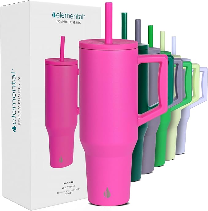 Elemental Spill Proof 40oz Insulated Tumbler with Handle & Straw Travel Mug | Stainless Steel Commuter Travel Coffee Mug for Cold Beverages, Includes 2 Straws & a Spill Proof Lid for Everyday Use