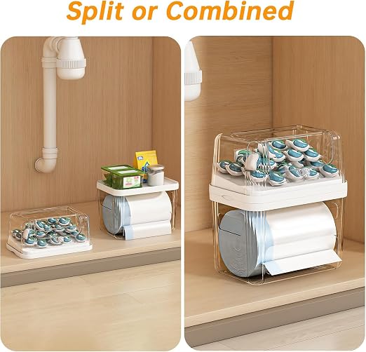 Trash Bag and Laundry pods Dispenser, 3-in-1 Clear Under Sink Organizer, Dishwasher Pod Storage Container, Stackable Kitchen Cabinet Storage Box Fits 13/30/33 Gallon Garbage Bags