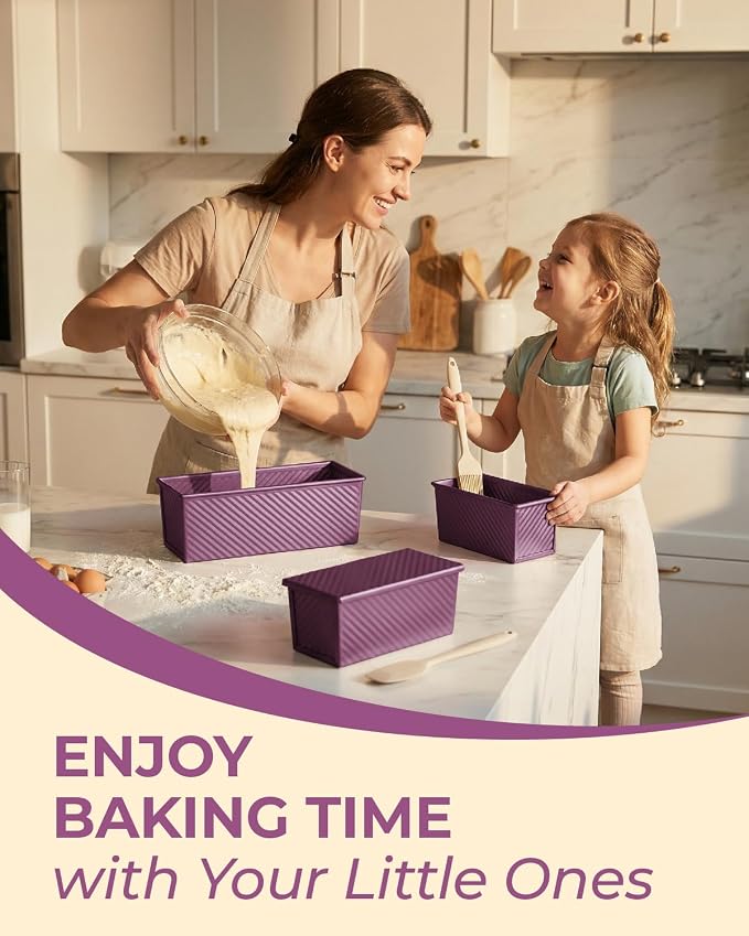 CARTMAN 3-Piece Pullman Loaf Pan with Lid, 2.2/1/0.8 LB Bread Pan, Purple | Includes 2.2/1/0.8 LB sizes & silicone tools, bottom vents, nonstick carbon steel, nesting storage, for bread & brownies