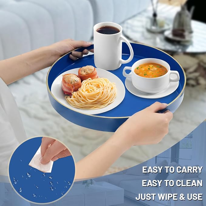 13" Blue Decorative Tray, Plastic Round Serving Tray with Handles | Decorative Tray for Coffee Table, Modern Ottoman Tray, Circle Tea Tray, Round Melamine Tray for Living Room, Bathroom