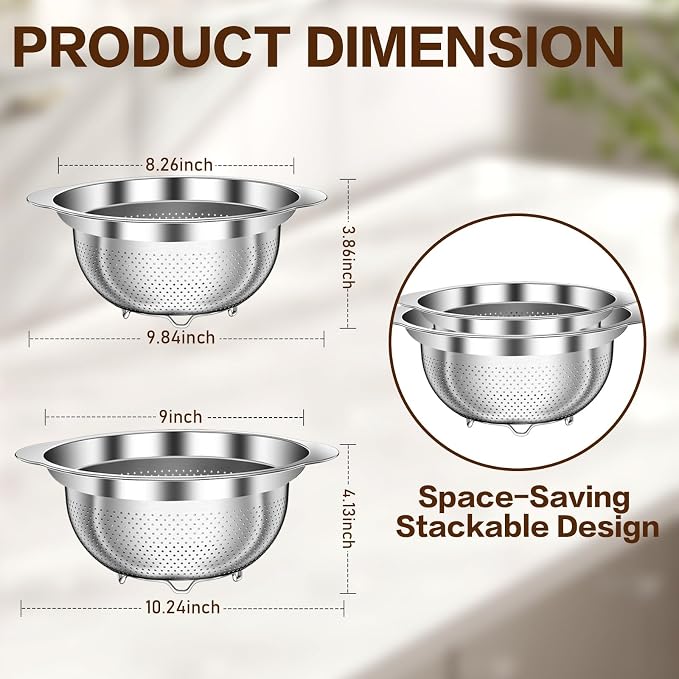 Stainless Steel Strainers for Kitchen, Stainless Steel Colander, Kitchen Strainer for Pasta Fruit Veggie Hot Food, 2 Pack Strainers and Colanders(2QT & 3QT), Dishwasher Safe, Silver