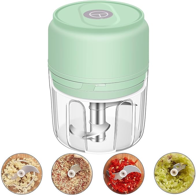 250ml (1 Cup) Electric Garlic Chopper, Green Portable Garlic Press | Wireless Mini Food Processor, Rechargeable Garlic Chopper Mincer for Ginger, Chili, Onion, Minced Meat and Spices