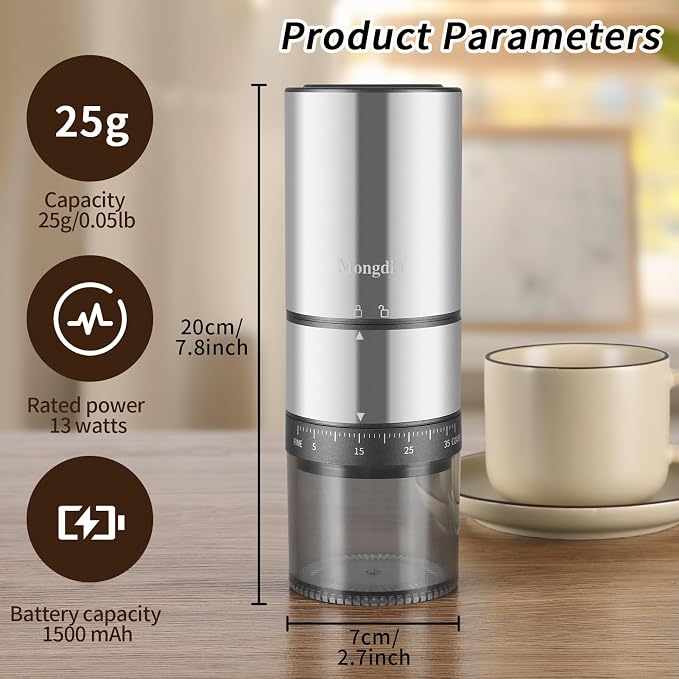 Mongdio Portable Electric Coffee Bean Grinder with 38 Adjustable Settings, Electric Burr Coffee Grinder Stainless Steel Core, For Traveling, Camping, Office, Silver