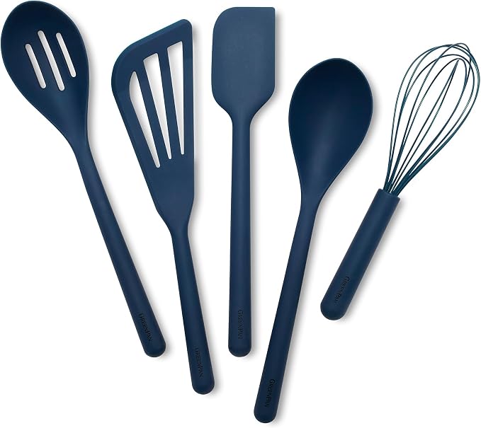 GreenPan Silicone 5 Piece Cooking Utensil Set, Slotted & Solid Spoon, Turner, Spatula, Whisk, Flexible Nonstick Kitchen Tools, Steel Core, Heat-Resistant Anti-Slip Handle BPA-Free Dishwasher Safe Blue