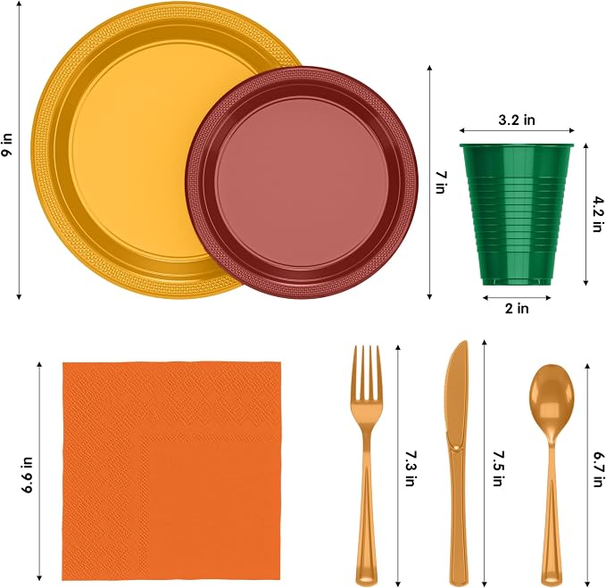 350 Pcs Thanksgiving Plastic Plates For Party, Thanksgiving Disposable Plates Set, 50 Of Each 9" Dinner Plate Set, 7" Dessert Plate, Cups, Napkins & Cutlery Plastic Dinnerware Exquisite