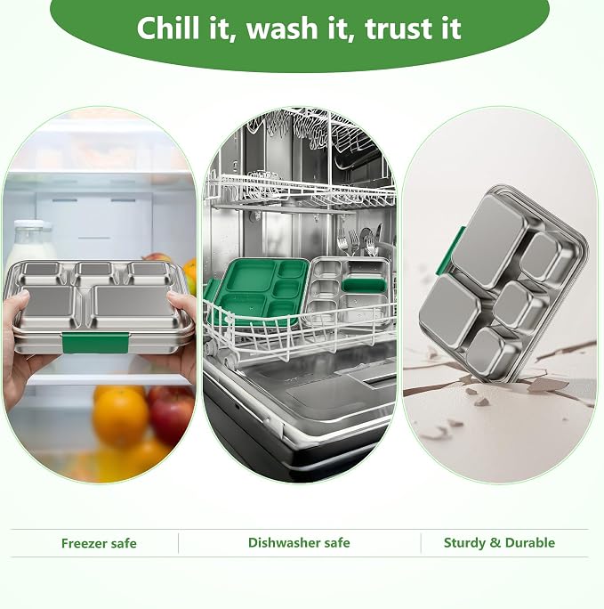 Pawtong Stainless Steel Lunch Box, 5-Compartment Bento Lunch Box for Kids & Adults,Metal Lunch Box with Removable Silicone Container, Lunch Box Containers for School,Office(Green)