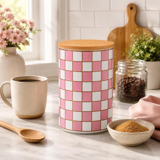 Kitchen Countertop Ceramic Checkered Canisters,Black And White Food Storage Containers With Lid,Airtight Kitchen Canisters for Flour, Sugar, Coffee, Tea, and Dry Goods (Pink, XL)