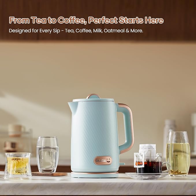 OLEGA Electric Tea Kettle: 1200W Fast Boil Electric Water Kettles 1.5L | Double Wall Stainless Steel Tea Kettle, Auto Shut-Off, BPA-Free Hot Water Boiler Teapot for Coffee & Tea -Light Blue