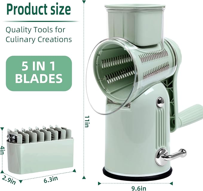 Rotary Cheese Grater with Handle, 5 Replaceable Blades(Green) | Strong Suction Base, Round Food Slicer & Chopper for Kitchen Fruit Vegetables Nuts with Blade Storage Box