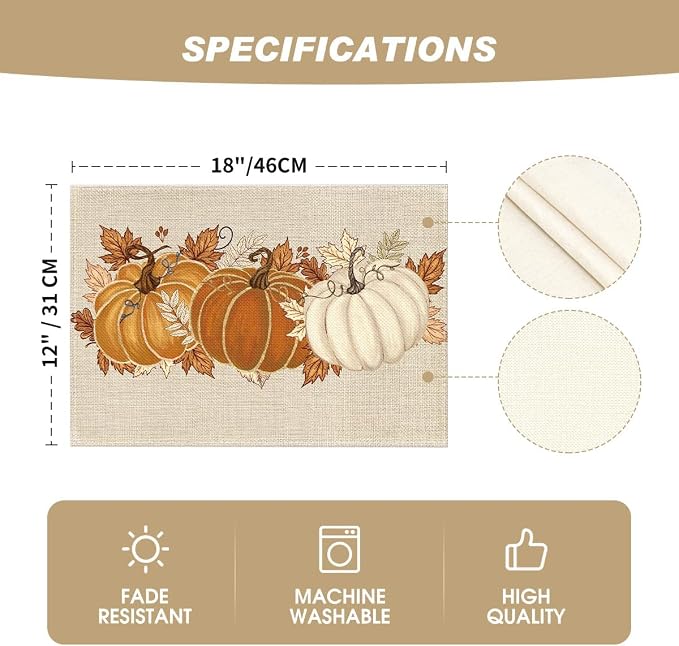 Artoid Mode Orange Pumpkin Leaves Fall Placemats Set of 4-12 x 18 Inch | Heat-Resistant Table Mats, Washable Seasonal Autumn Kitchen Dining Decor
