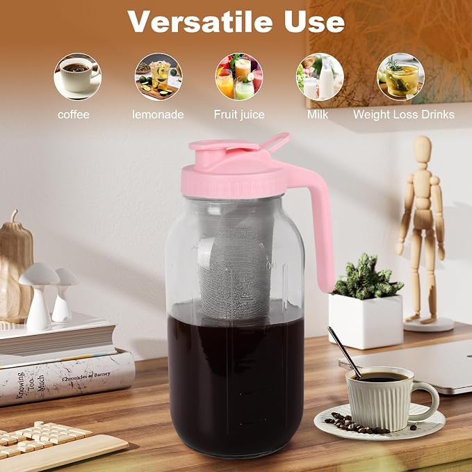 Cold Brew Coffee Maker, 64 oz Mason Jar Pitcher with Stainless Steel Filter, Pour Spout Handle Lid, Heavy Duty Glass Airtight & Leak-Proof for Iced Coffee,Tea & Lemonade