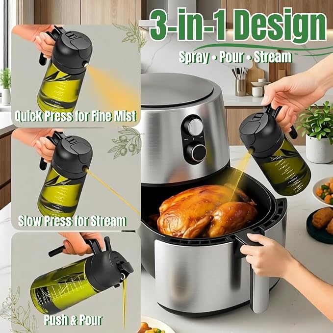 2 in 1 Olive Oil Sprayer and Dispenser, 16oz Glass Oil Spray Bottle with Measurement Marks, grilling spray bottle, Light Blockage Dark Oil Sprayer 2 Pack for Air Fryer, Salad, Cooking, BBQ