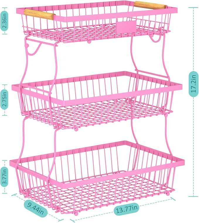 3 Tier Fruit Basket for Kitchen Counter with 2 Banana Hangers, Countertop Metal Fruit Bowl with Wooden Handle, Large Storage Stand for Vegetables, Snacks, Breads, Produce Storage – Rose Pink