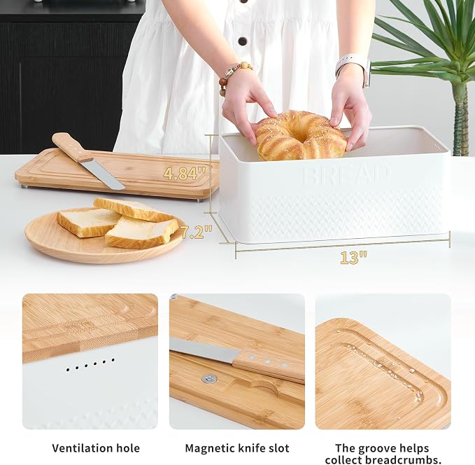 Bread Box for Kitchen Countertop,Metal Bread Storage Bin with Bamboo Cutting Board Lid, Includes Bread Knife, Fits Sourdough & Buns, Stylish Organize (White)