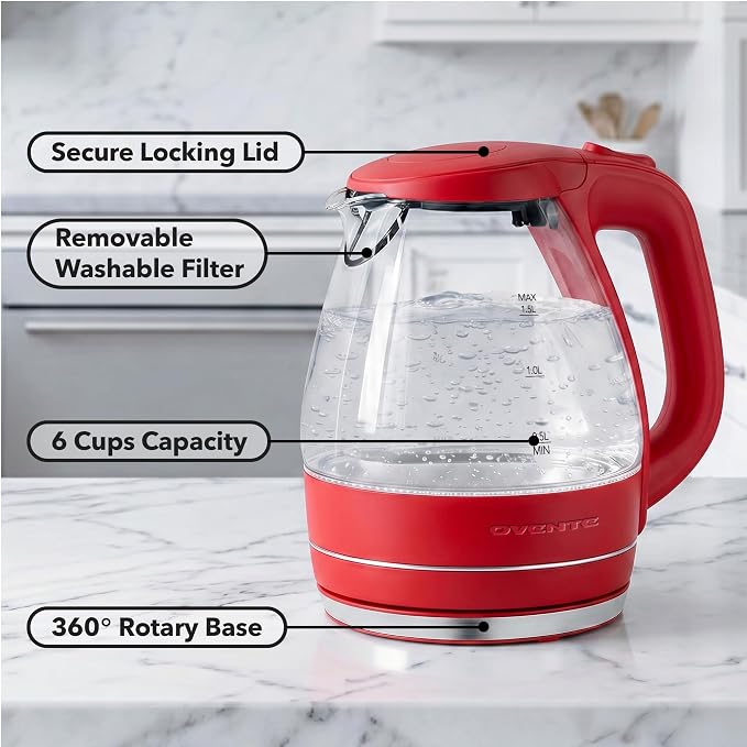 OVENTE 1.5L Glass Electric Kettle Water Boiler, Red KG83R