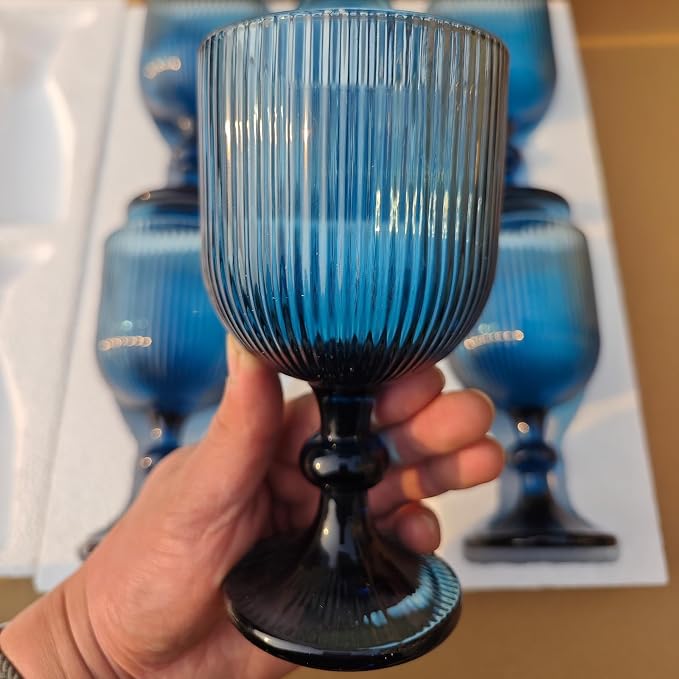 CHLJAR Blue Wine Glass Goblet Set of 6, 14 oz Blue Goblets Glassware, Colored Vintage Glassware for Weddings, Parties, Restaurants, Family Gatherings, Bars, Cafeterias, Dishwasher Safe