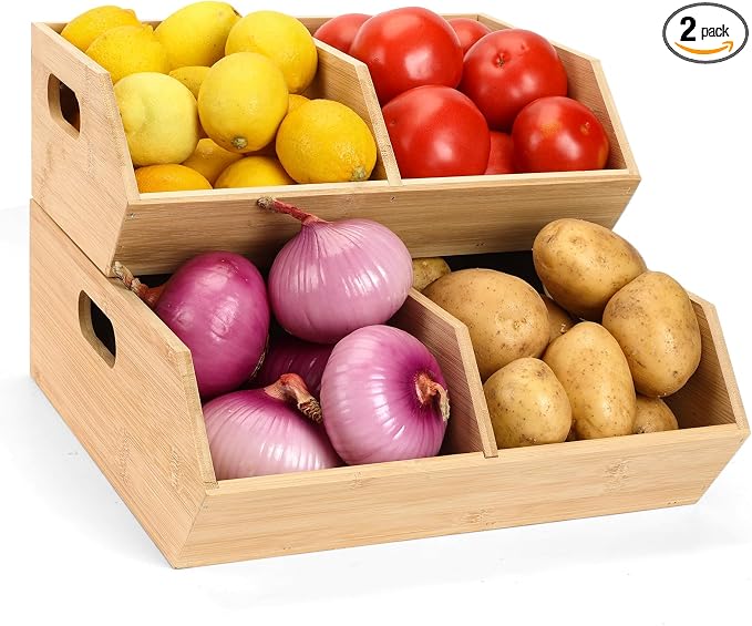 Bamboo Pantry Organizers and Storage Bins, 2 Set Stackable Baskets for Vegetables, Potatoes, Onion, Garlic, Bread - Bamboo Kitchen Containers for Pantry Drawer, Counter, Cabinet