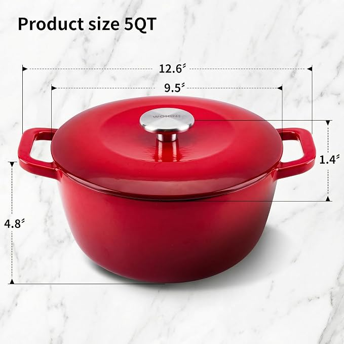 5QT Enameled Cast Iron Dutch Oven,Concave Self-Basting Lid,Red | Versatile,heavy-duty Large Dutch oven,PFAS-free,oven safe to 500°F,sourdough,braising/stews/roasting,Housewarming Gift