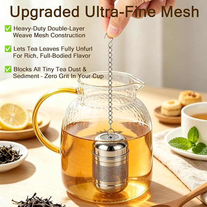 3Pcs Tea Infuser, 304 Stainless Steel Extra Fine Mesh Tea Strainer with Secure Threaded Lid & Hanging Chain, Reusable Loose Leaf Tea Filter for Home Restaurant Camping
