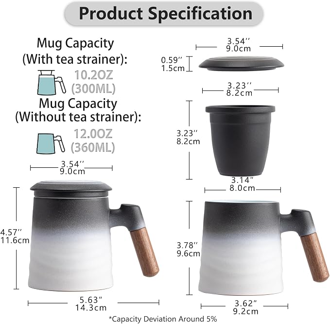 ZENS Tea Mug with Infuser and Lid for Loose Leaf Tea Steeper, 12oz White | Embossed Ceramic Tea Cup with Infuser for Herbal Tea Difussers, Tea Lovers Gifts, Vintage Wood Handle