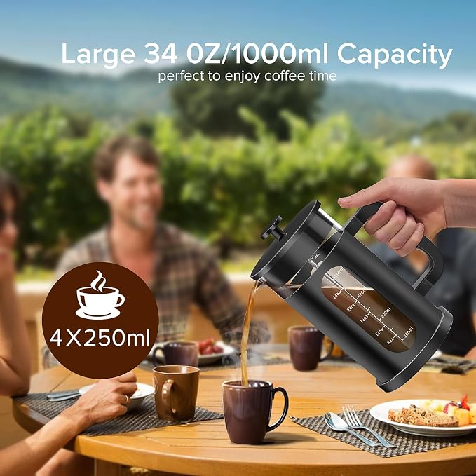 QUQIYSO French Press 34oz, Stainless Steel & Thickened Glass Coffee Press | French Press Coffee Maker,Heat-Resistant Borosilicate Glass,Easy to Clean，Tea Brewer Suitable for Kitchen Party Gifts(Black)
