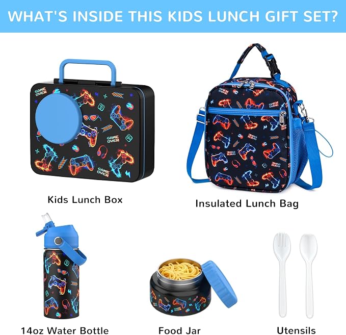 Bento Lunch Box for Kids Adult, Leakproof 3-4 Compartment Bento Box Set with Insulated Food Jar,Water Bottle, Lunch Bag, School Lunch Container for Toddler Teen Girls Boys Ages 3+(Game)