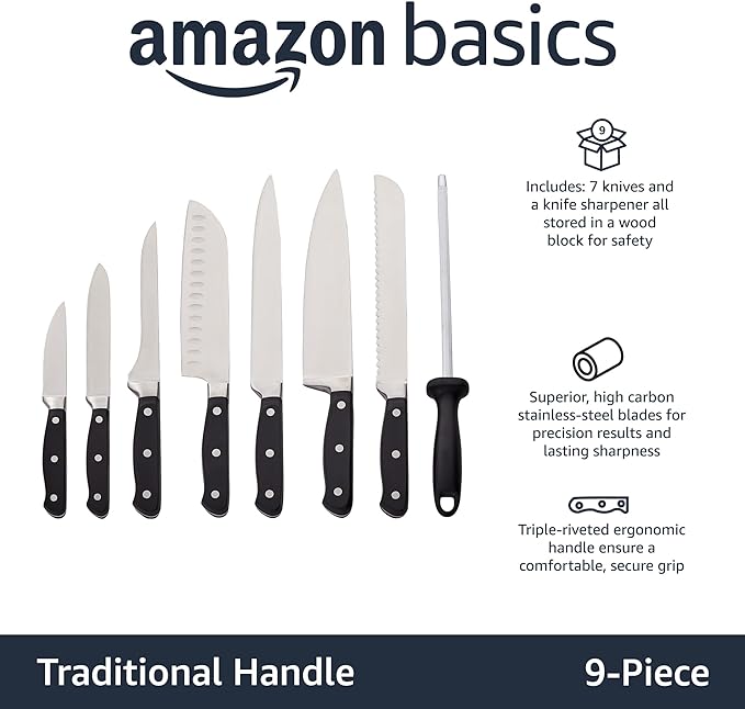 Amazon Basics 9-Piece High-Carbon Stainless Steel Kitchen Knife Set with Ergonomic Handles, Full Tang Construction, Pine Wood Block, Black