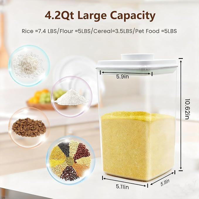 Melovom Pop Airtight Food Storage Container with Lid, 4L/4.2qt Large Cereal Flour Sugar Storage Container with Scoop, One Button Opening, BPA-Free, Kitchen Pantry Organization and Storage