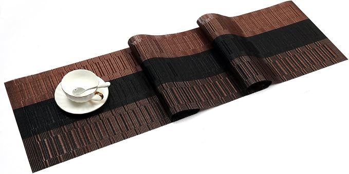 SHACOS Table Runners Woven Vinyl Table Mats 12x71 inch for Kitchen Dining Table Non Slip Washable, Ombre Coffee Black