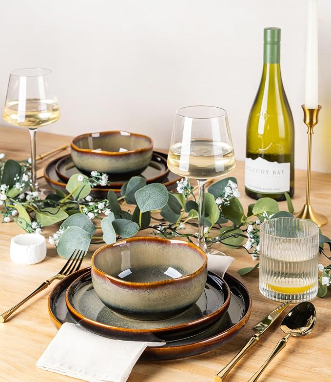 Ceramic Dinnerware Set for 4, 12-Piece Plates and Bowls Set | Handmade Reactive Glaze Dish Set, Scratch Resistant, Oven & Microwave & Dishwasher Safe, Coffee Bean