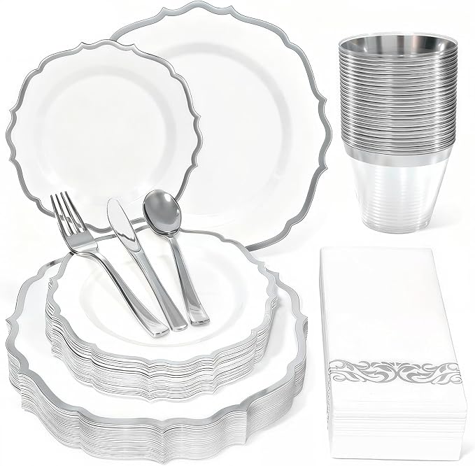 Glowserve 175 Piece Disposable Plastic Plates Dinnerware Set for 25 Guests | 50 Plastic Plates,25 Silverware Set,25 Cups and Napkins,Wedding Birthday,Family Party,Fancy Plastic Plates
