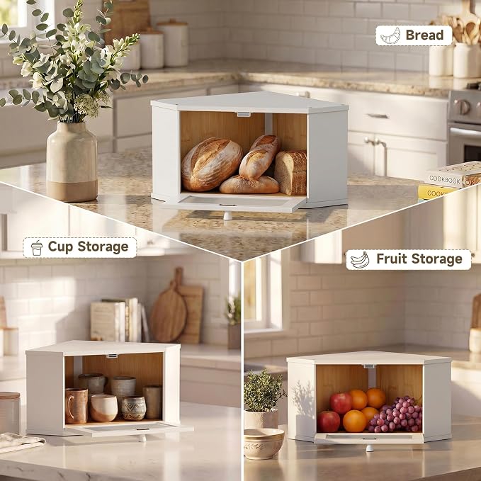 Corner Bread Box For Kitchen Countertop,Bread Storage Bin (White, Medium) | Small Bamboo Bread Container,Corner Shelf For Kitchen Decor