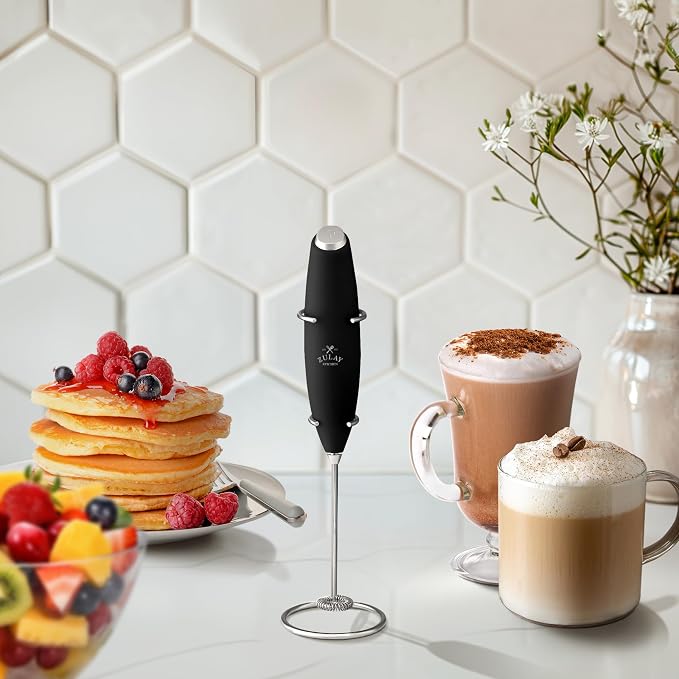 Zulay Kitchen Powerful Milk Frother Wand With Duracell Batteries - Ultra Fast Handheld Drink Mixer - Electric Whisk Foam Maker for Coffee, Lattes, Cappuccino & Matcha - Z1 Motor - Black