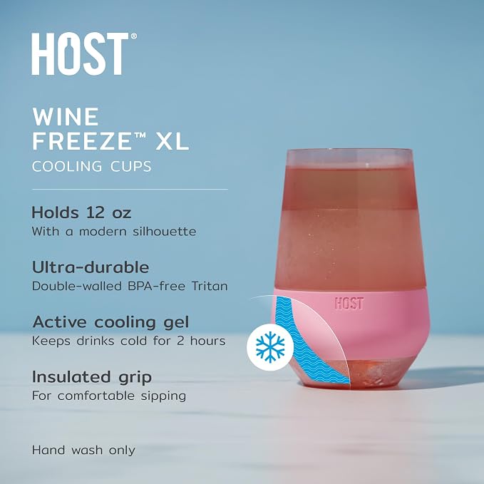 Host Freeze XL Wine Cooling Cups for Gifts for Mom, Birthday Gifts for Women, Double Wall Insulated Plastic Wine Glasses for Red and White Wines, Freezable Plastic Tumblers, 12 oz, Set of 4, Assorted