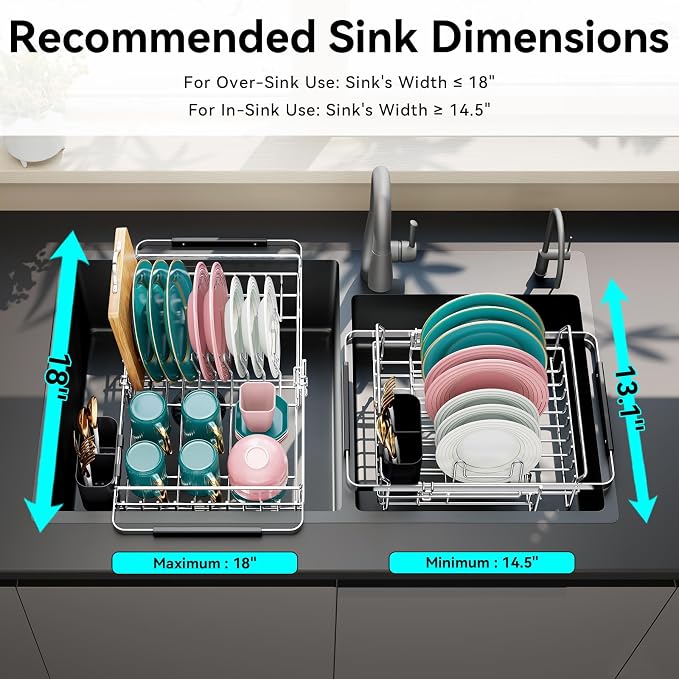 Urackify Expandable Stainless Steel Dish Drying Rack, 13-18 Inch | Expandable design in sink dish rack . Stainless steel with utensil holder, ample storage capacity ideal for small kitchens.