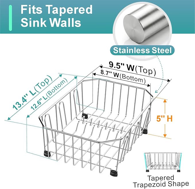Mini in Sink Dish Drying Rack - Stainless Steel for RV Kitchen | Small Design for Apartments, Angled Corners Fit Square & Round Sinks, Utensil Holder, Cup Hooks, 9.5" W x 13.4" L