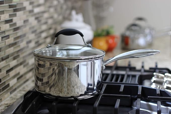 AVACRAFT 3.5 Quart Tri-Ply Stainless Steel Saucepan with Glass Strainer Lid | 18/10 Stainless Steel, Full Tri-Ply Body, Glass Strainer Lid, Pour Spouts, Induction Compatible, Oven Safe, Dishwasher Safe