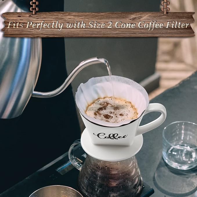 DAYYET Pour Over Coffee Maker, Ceramic Coffee Dripper, Easy Manual Slow Brewing Accessories for Home, Cafe, Coffee Bar Accessories and Kitchen Decor, Filter Size 2, White