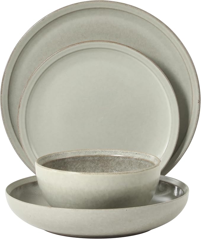 Gibson Elite Beckett Stoneware Matte Reactive Glaze 16 Piece (Service for 4) Plates and Bowls Dinnerware Set - Ash White