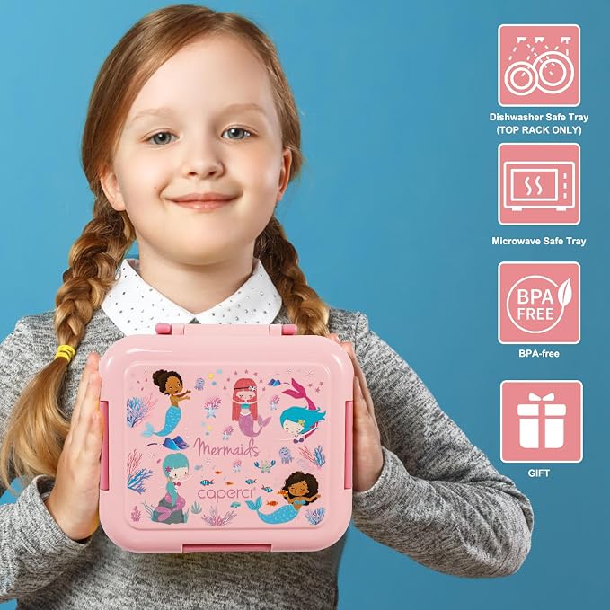 Caperci Bento Box for Kids Age 4-8 - Leak-Proof Toddler Lunch Box Container with 2 Modular Containers & 4 Compartments, Hold 4.8 Cups, Portable Handle, BPA-Free, Microwave/Dishwasher Safe (Mermaid)